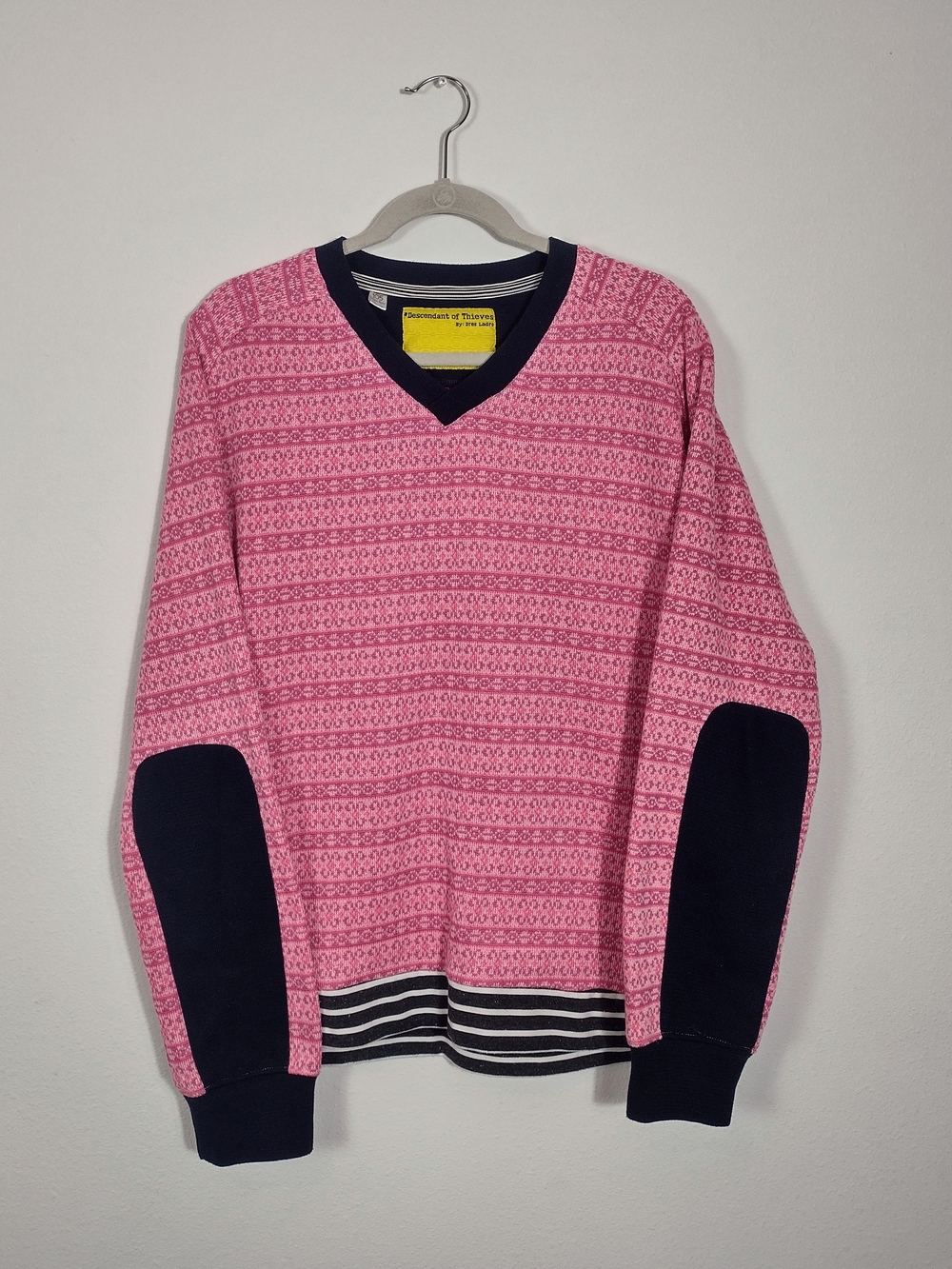 Descendant of Thieves Pink Nordic Striped Color Block Arm Patch V-Neck Sweater